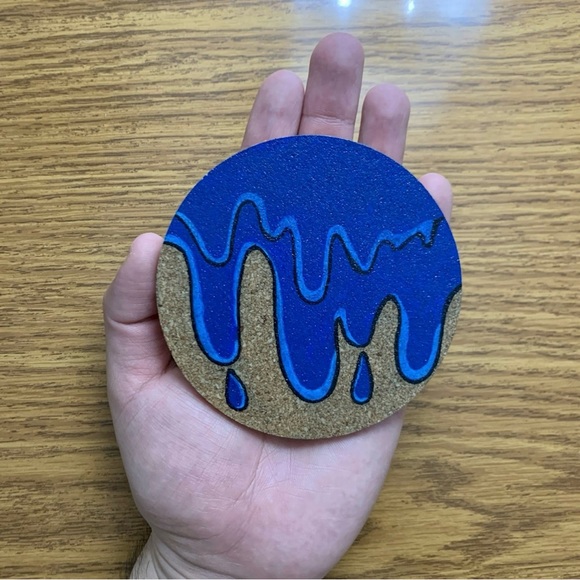 Blue Grime Drip Painted Cork Coaster - Picture 2 of 4